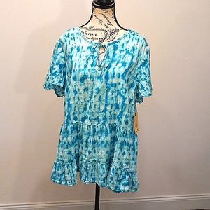 Women 2X NWT Tunic Short Sleeve Tiered Top Tie Dye Casual 100% Cotton Relax Fit